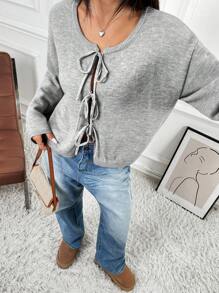 SHEIN EZwear Casual Colorblock Black & White Striped Lace-Up Sweater, Autumn/Winter Knotted Long Sleeve Cardigan, Commute, Minimalist, Office Wear, Old Money, Simple, Women's Tie Front Belt Solid Color Knitwear Sweater Cardigan, Can Be Worn Over A T-Shirt,Long Sleeve Tops,Tops For School In Fall/Winter - Grey - View 5