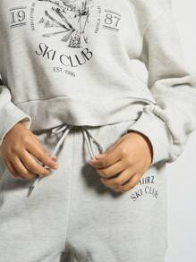 AiiRZ SKI Graphic Printed Hooded Crop Sweatshirt With Sweatpants Two-Piece Co-Ord Set - Grey - View 4