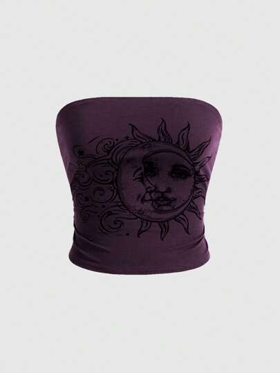 Hippie Style Moon & Sun Print Women Ruched Bandeau Top