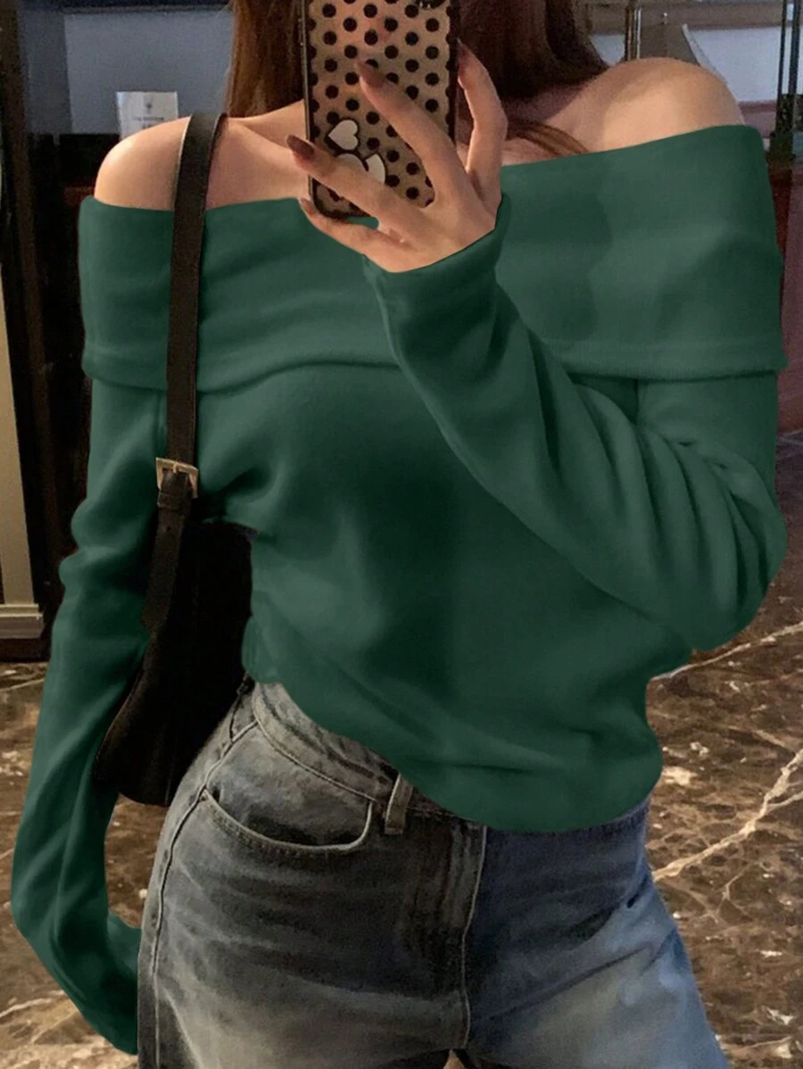 DAZY Women Solid Color Off Shoulder/Off Shoulder Knit T-Shirt, Green, Spring/Summer/Autumn Long Sleeve Women Tops,Fall Women Clothes - Green - View 1