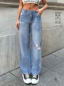 EURMUSE WOMEN WIDE LEG LOW WAIST JEANS - Medium Wash - View 7