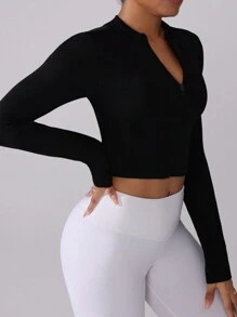 SHEIN Sports 正面全拉链纯色长袖休闲运动夹克，无缝设计 - 黑色 - 查看 6