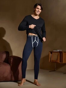 Men's Casual Letter Elastic Waist Slim Fit Warm Pants, Autumn & Winter - Navy Blue - View 6