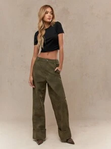 MISSGUIDED Gewaschene Veloursleder Hose mit umgeschlagenem Saum und weitem Bein - Dunkelgrün - Übersicht 3