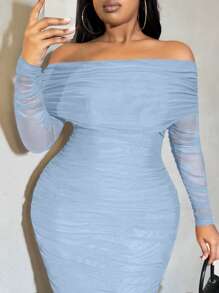 SHEIN SXY Đầm bodycon xếp ly dài tay trễ vai thanh lịch cho nữ cỡ lớn - Màu xanh nhạt - Xem 3