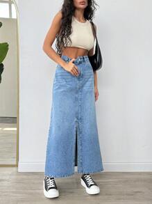 EURMUSE WOMEN LONG SLAH DETAIL DENIM SKIRT - Medium Wash - View 4