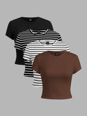 SHEIN EZwear 4pcs/Set Casual Solid Color Design Crew Neck Short Sleeve Fitted Crop Top Tee For Women, Suitable For Summer Suitable For Going Out