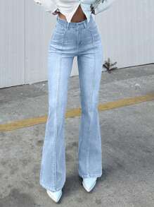 EURMUSE Casual Bleash Washed Flare Leg High-Waisted Jeans - Light Wash - View 1