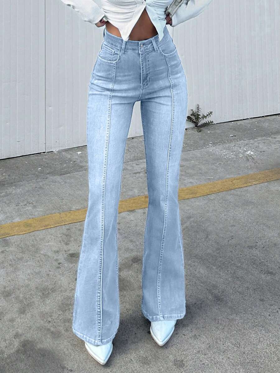 EURMUSE Casual Bleash Washed Flare Leg High-Waisted Jeans - Light Wash - View 1