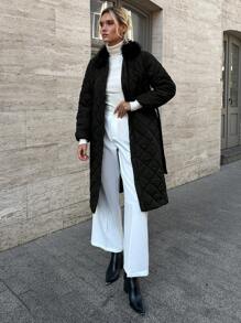 EURMUSE Women's Solid Longline Quilted Jacket With Zip Up And Fur Collar - Black - View 8