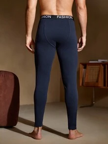 Men's Casual Letter Elastic Waist Slim Fit Warm Pants, Autumn & Winter - Navy Blue - View 2