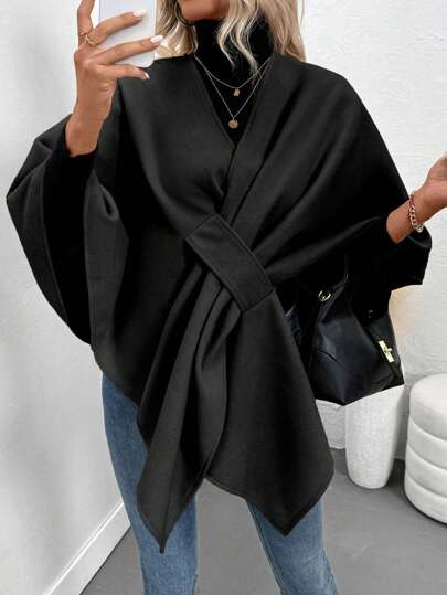 EMERY ROSE Women Casual Plain Color Loose Poncho Overcoat, Autumn