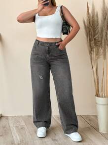 SHEIN Cottnline سروال جينز بخصر مطاطي قياس كبير 100% قطن للنساء لون أزرق متوسط ساق مستقيمة - رمادي غامق - مشاهدة 4