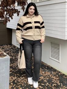 Dazy Plus 大码女式撞色条纹高领毛衣，秋季服装 - 黑與白 - 查看 5