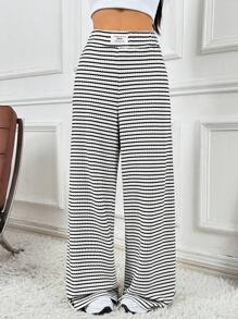 SHEIN EZwear 女士休闲条纹松紧腰阔腿裤 - 黑與白 - 查看 3