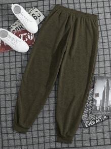 SHEIN Cottnline Cotton Men Letter Graphic Grey Drawstring Waist Sweatpants - Army Green - View 2