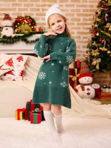 SHEIN 绿色长袖高领少女雪花提花针织毛衣裙，妈妈和我配套服装（2 件单独出售），圣诞节 - 綠色 - 查看 5