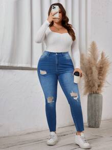 SHEIN LUNE 大码女式破洞口袋紧身休闲牛仔裤，百搭 - 中等水洗藍 - 查看 6