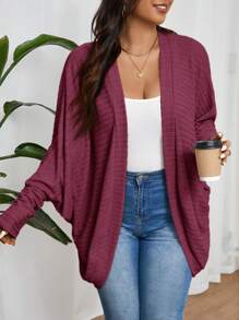SHEIN Frenchy 大码休闲宽松罗纹天鹅绒针织开衫外套 - 紅木色 - 查看 5
