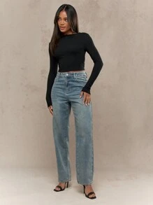 MISSGUIDED Mid Rise Light Blue Mom Jeans Classic Vintage Washed Regular Length Straight Leg Casual Autumn Winter Retro Style Street Fashion - Blue - View 4