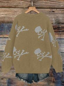 SHEIN LUNE Áo len cổ tròn dáng rộng, họa tiết đầu lâu, kiểu dáng thường ngày, thích hợp cho mùa thu/đông. - Lạc đà - Xem 2