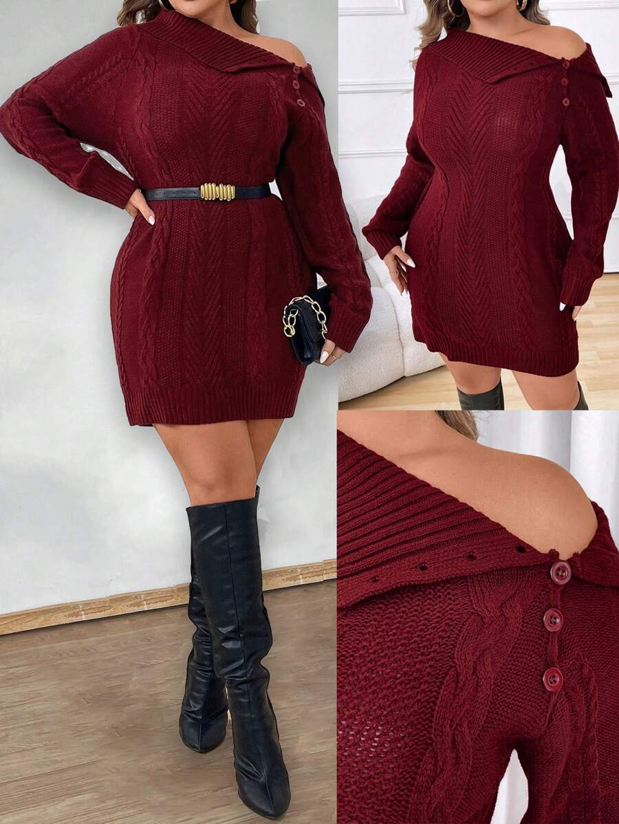 Calvaya 大码不对称领纯色毛衣裙，春秋装 - 酒紅色 - 查看 1