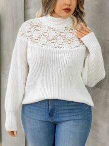 Calvaya Plus Size Solid Color Lace Patchwork Knit Sweater, Spring/Fall Knit Pullover Fall Winter - White - View 7