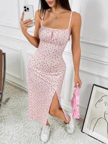 SHEIN EZwear 中长款无袖侧开衩紧身连衣裙，带有红色和蓝色碎花印花，春夏 - 粉色 - 查看 5