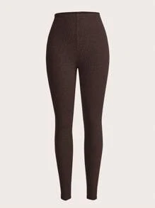 SHEIN EZwear Quần legging bó dệt kim gân màu trơn cho nữ vào mùa thu - Màu nâu Sô-cô-la - Xem 3