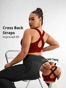 Plus Size Sports Racerback Bra With Adjustable Hook-And-Loop Shoulder Straps, Front Zipper Closure, High Support,With Sewn-In Pads,Non-Removable Pads For Women High Support Racerback,Workout, Yoga, Running For Chinese New Year