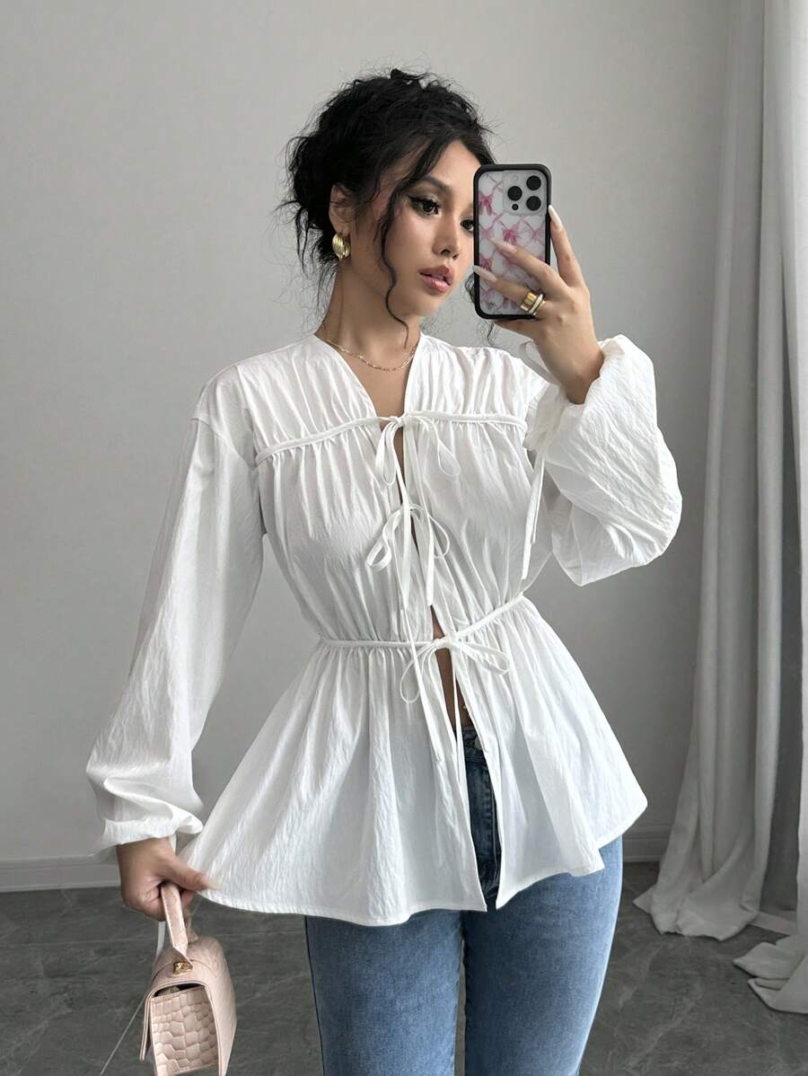 Chiquease 女士纯色灯笼袖前系带宽松白色休闲衬衫，春夏 - 彩色 - 查看 1