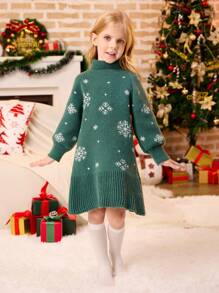 SHEIN 绿色长袖高领少女雪花提花针织毛衣裙，妈妈和我配套服装（2 件单独出售），圣诞节 - 綠色 - 查看 6