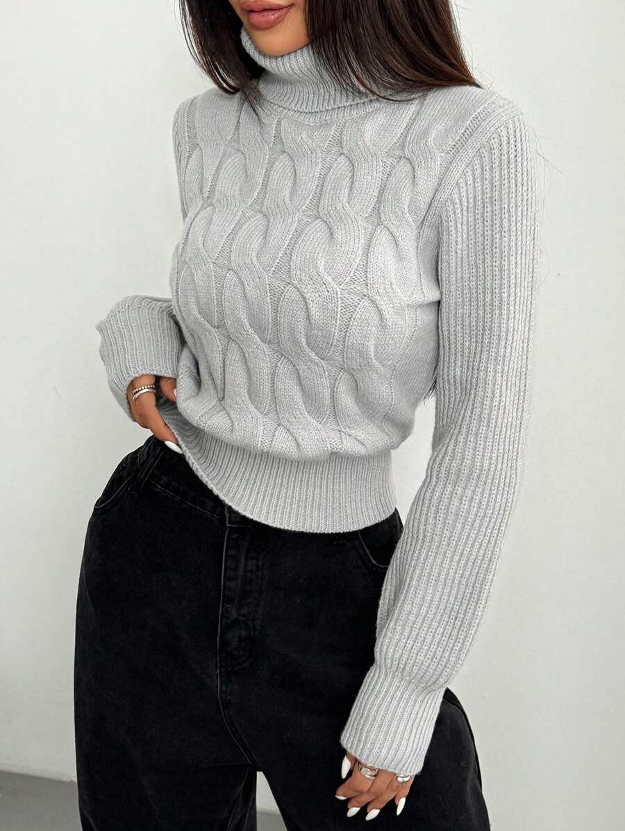 Chiquease Women's Turtleneck Cable Knit Pullover Sweater Knit Pullover Fall Winter Outfit - Grey - View 1