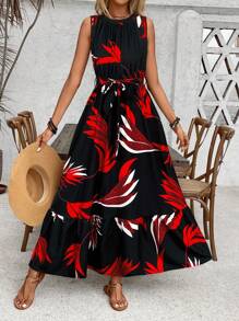 Breezaya Vestido largo de mujer con estampado de colores contrastantes y sin mangas