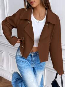 SHEIN Unity 女士休闲宽松短款流苏风衣，杏色 - 咖啡棕 - 查看 1