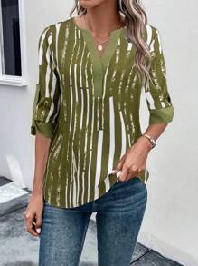 SHEIN LUNE Women Casual Contrast Color Notched Neck Blouse, Suitable For Autumn - Army Green - View 5