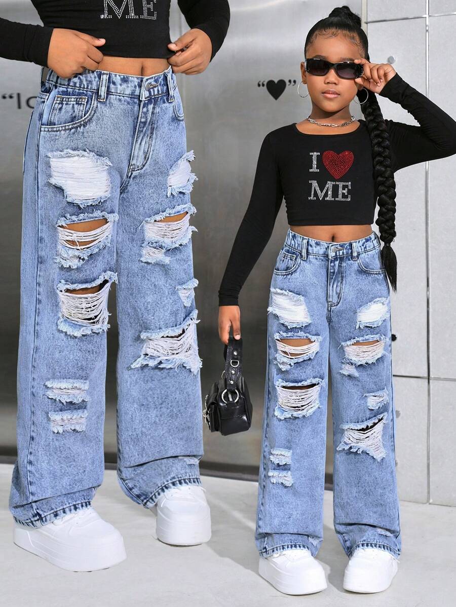 SHEIN Tween Girls Y2K 时尚石洗街头风格宽松破洞直筒牛仔裤，女孩秋装套装