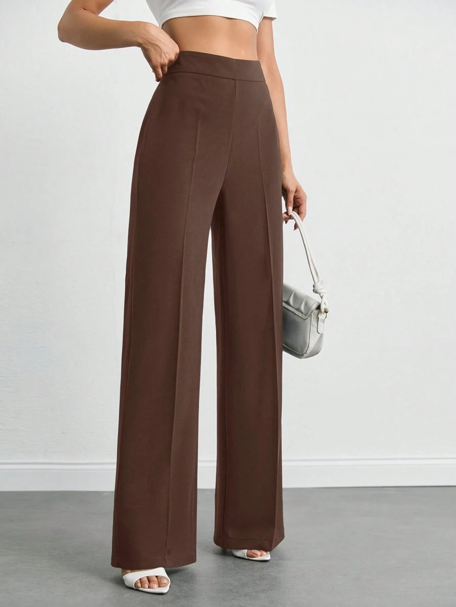 SHEIN Tall Pantaloni casual de damă, cu talie înaltă, de culoare uni, cu picioare largi, lungime întreagă - Maro - Vizualizare 1