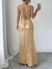 Rafferiza Metallic Feeling Deep Draped Neck Sling Party Elegant Dress For New Year Holiday Party Clothes Maxi Women Outfit - Gold - View 2