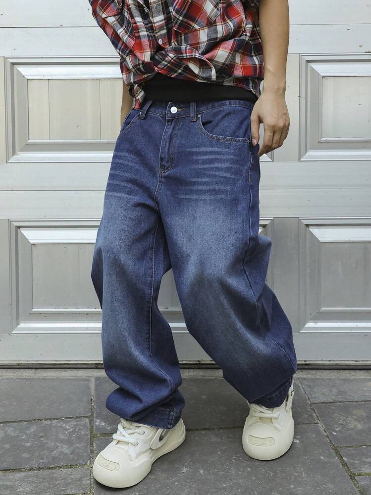 Manfinity Hypemode Pantalones vaqueros anchos y holgados con bolsillos para hombre - Azul lavado medio - Añade 1