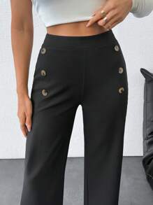 EURMUSE Women's Solid Front Button Detailed Pants - Black - View 3