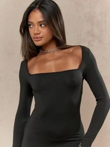 MISSGUIDED Vestido mini ajustado de manga larga cuello cuadrado - Negro - Ver 3