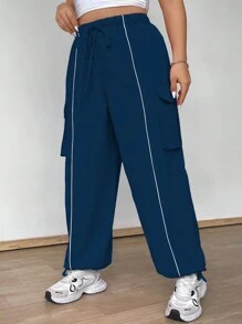 Flirla Plus Size Solid Color Patchwork Elastic Waist Drawstring Cargo Pants With Tape Trim