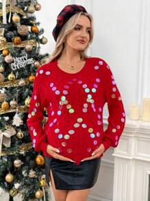 SHEIN Maternity Long Sleeve Sweaters For Autumn And Winter, Women Knitted Sweater, Pattern And Sequins - Red - View 3