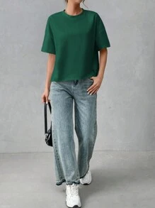 Camiseta Básica Minimalista Para Mujeres Con La Parte Delantera Corta Y La Parte Trasera Larga - Verde Oscuro - Ver 4