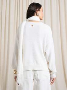 AiiRZ Luxury Brushed Knit Co-Ord Set Turtleneck Sweater Wide Leg Pants Loungewear Matching Set Winter Resort Collection Fringe Detail - White - View 2