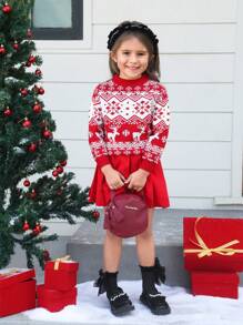 Young Girl Geometric Pattern Loose Fit Crew Neck Sweater, For Christmas - Multicolor - View 1