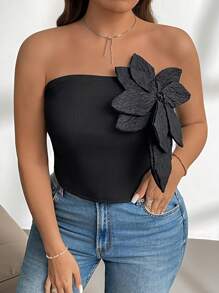 SHEIN Privé 大码女式优雅 3D 花卉装饰修身抹胸 - 黑色 - 查看 4