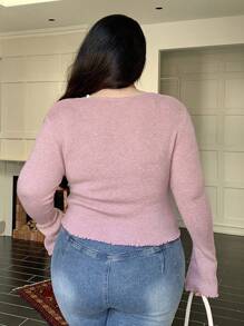 Dazy Plus Plus Size Solid Color Round Neck Asymmetrical Hem Fitted Flared Sleeve Cardigan,Fall Clothes
