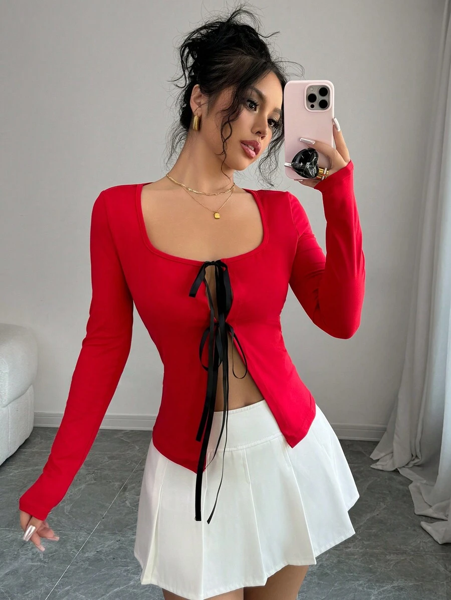 Chiquease Women's Casual Front Tie Long Sleeve Square Neck T-Shirt, Autumn - Multicolor - View 1